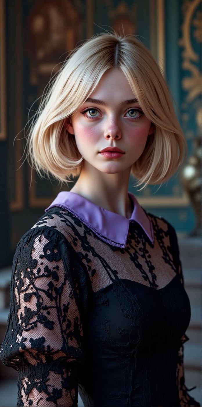 Petite blond young woman wearing a short ornate black lace dress with a lilac peter pan collar,  poster,  pastel colors by...