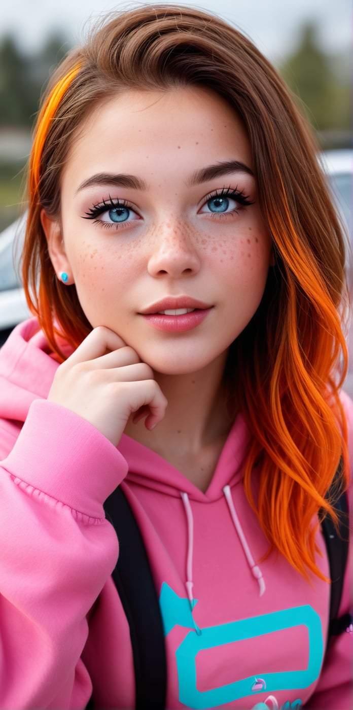 A whimsical shot of a young girl with vibrant orange locks and piercing blue eyes, perched atop a sleek ground vehicle, her upper body framed by the opened hood, highlighting her delicate features and sparkling jewelry. She wears a pink hoodie and multicolored outfit, her parted lips slightly puckered, and freckles scattering across her cheeks. The blurred background showcases a bag and backpack at rest, while her bright eyes radiate subtle intensity, drawing the viewer's attention to her captivating presence.