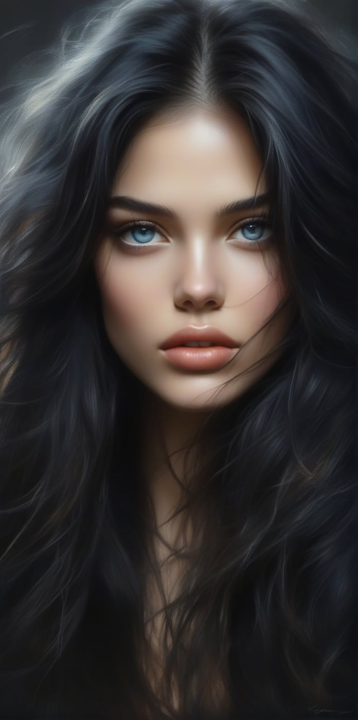 Generate hyper realistic close portrait of a beautiful girl, long messy black hair,  dark bacground, very detailed beautiful eyes. Very detailed, provocative face, (dynamic provocative pose), soft colors artwork, hight detailed,