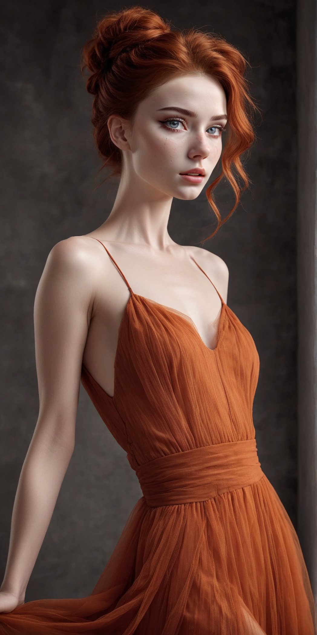 Beautiful elegant pale slim flat-chested woman with red auburn hair with long messy bun hair style exquisite and poetic beauty deep red lip and a elegant light orange dress with poetically beautiful style poetic black and white style background with poetic style