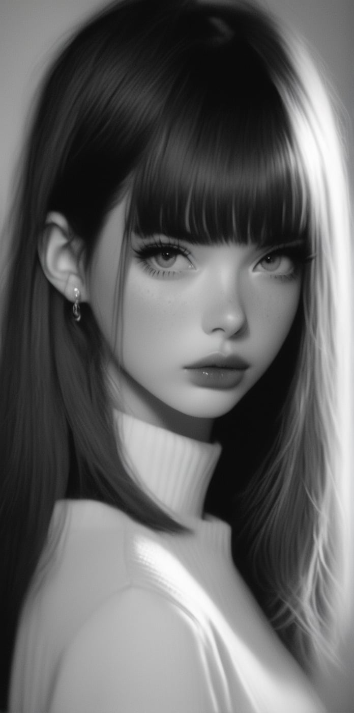 1girl, 20 year old, (((solo, long hair, looking at viewer, bangs, closed mouth, monochrome, greyscale, lips, eyelashes, piercing, portrait, freckles, realistic, nose))))