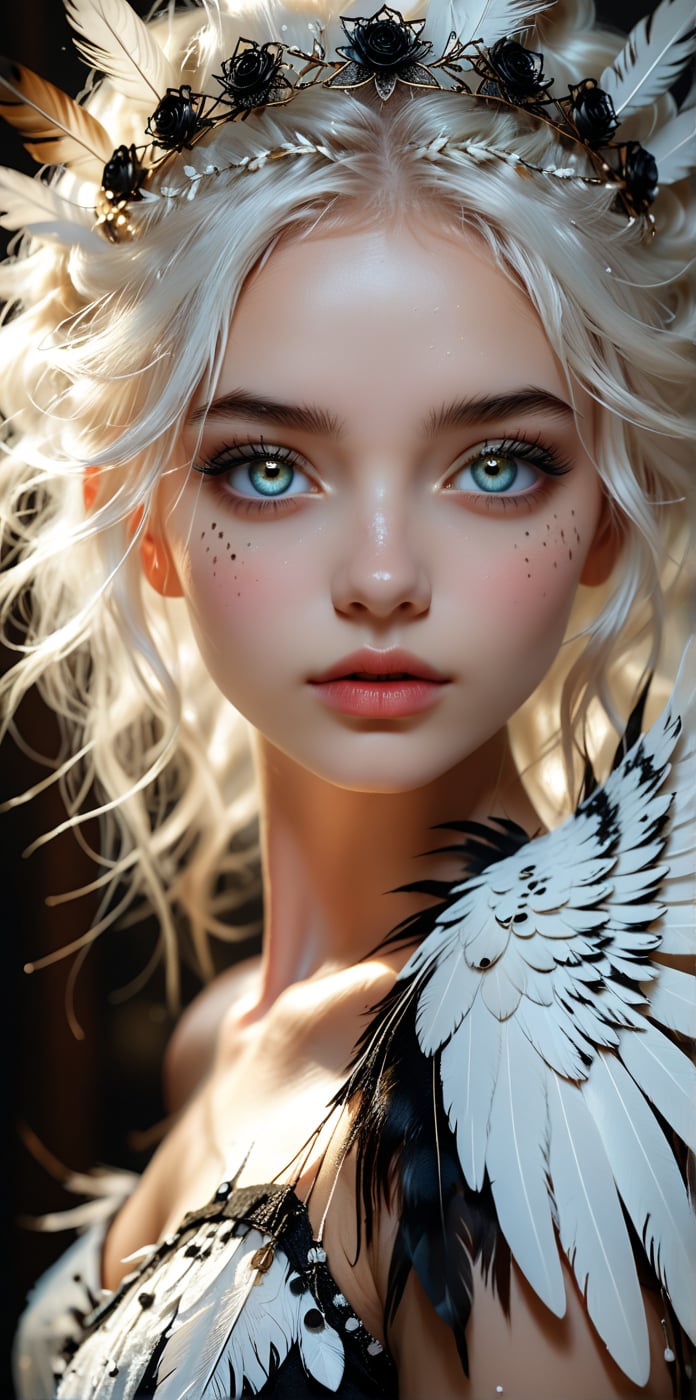 "Misterious beauty" (Misterious mood Soft Lighting art), Aesthetic, ((close-up face):1.5), ((close_up portrait)), Masterpiece, best quality, 
huihui,(The girl looks , the girl has white wings, white hair, white clothes, light halo, and a white color tone. black hair, black clothes, light halo, and a black color tone of 1.5.) (Symmetry:1.3),cute,black and white **********,European style gorgeous and complex mirror,(6 years old.) Q-version,doll face,3 head body,ancient spirit and quirky,red lips:1.3),exquisite makeup,(selected perspective:1.5),(scattered feathers:1.3),(scattered small light particles:1.2),overexposed,off shoulder,floral hair,rose petals,andala,chaotic,radial,streamlined,typographic art,ulticolored pupil space,high exposure,exquisite headwear,feathers,gorgeous,flowing hair,random beams,spots,strong light,exposed Back beam,dreamy light and shadow,backlight,ultra-high saturation,masterpiece,best quality,detailed details,high contrast,ultra-high definition,8K,wallpaper,duble eyelid,makeup,big eyes.
- The image must occupy the entire screen and be in UHD (ultra high resolution format definition). Olga Ester style.
