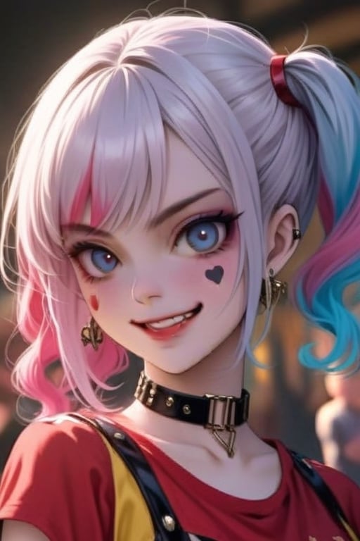 HarleyQuinn1024, masterpiece, ultra-detailed, solo,upper body,big grin ,open mouth,psycho look cute,anime,score_9_up