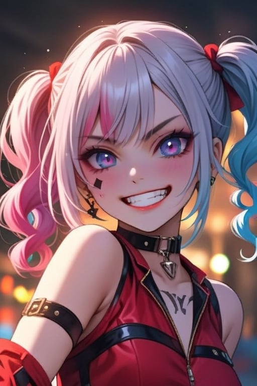 HarleyQuinn1024, masterpiece, ultra-detailed, solo,upper body,big grin ,open mouth,psycho look cute,anime,score_9_up