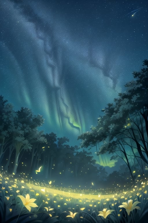 Masterpiece, ultra detail, high quality, 8k,wallpaper, beautiful meadow, various kinds of flowers, with the best star gazing view, beautiful night sky, stars that have a breath taking pattern, shooting stars, aurora, ,firefliesfireflies,night sky