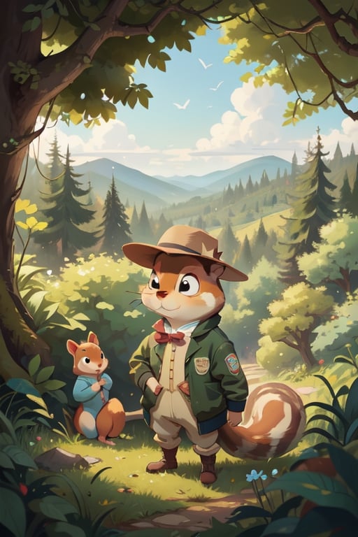 Beatrix Potter hand drawn style,art by Randolph Caldecott,a squirrel in a fashionable fedora and bomber jacket,reminiscent of Chip from Chip 'n Dale Rescue Rangers,looking at the audience,vast view of dense woodland in the background,
