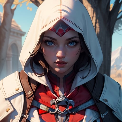 (assassin's creed version:1.2), a female assassin, dressed in a white cloak, 1girl, solo, blue eyes, gloves, hood, fingerless gloves, cape, armor, tree, lips, realistic, nose, vambraces, (masterpiece, top quality, best quality, official art, beautiful and aesthetic:1.2), extreme detailed, highest detailed, (head to thigh portrait:1.4), ultrawide shot 