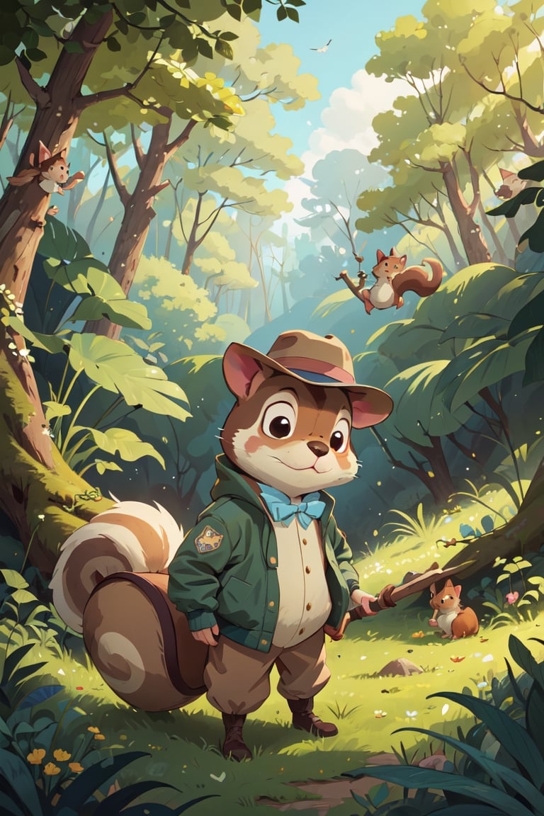 Beatrix Potter hand drawn style,art by Randolph Caldecott,a squirrel in a fashionable fedora and bomber jacket,reminiscent of Chip from Chip 'n Dale Rescue Rangers,looking at the audience,vast view of dense woodland in the background,
