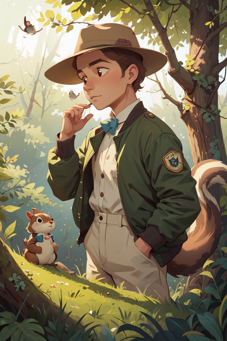 Beatrix Potter hand drawn style,art by Randolph Caldecott,a squirrel in a fashionable fedora and bomber jacket,reminiscent of Chip from Chip 'n Dale Rescue Rangers,looking at the audience,vast view of dense woodland in the background,
