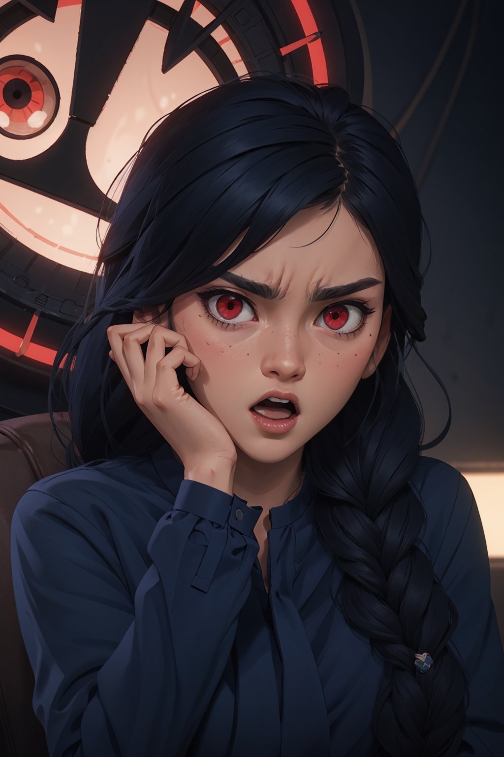 1girl, blue braid hairs, devil red eyes, wearing black bikini aside,high res, ultrashrap, 8k, masterpiece looking at viewer.     ,a_line_haircut, hand on own face, surprised, open mouth,JinxLol,full body, cyberpunk,Detailedface,alessa