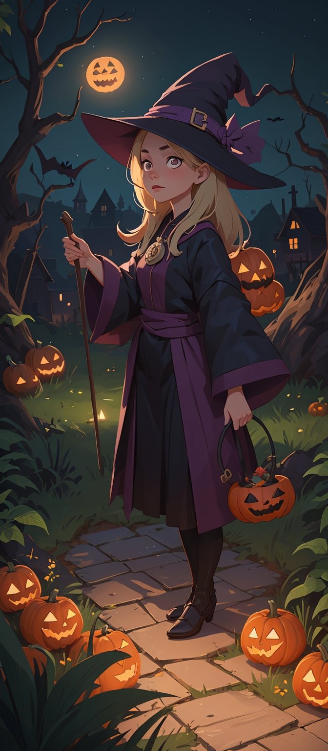 (((a beautiful witch female)) is standing outside in front of a house at night near the grass and path, ((endearing)),((Halloween)), maikage, polycount, Kishi Ganku, Isekai, symbolism, anime, ((complex_background)),