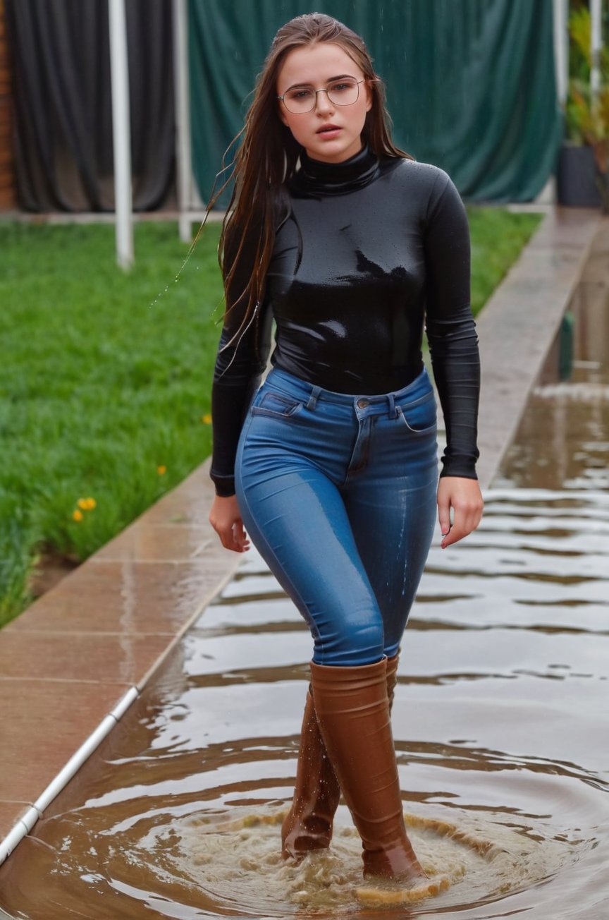 A young woman, 18 years old, a smooth, oval face with soft features, fair skin, almond eyes, blue eyes, glasses on, under outdoor rain, in the street, full body soaked, wearing a black turtleneck long sleeve long sleeve tight top and a jeans, high boots, brown hair, square haircut, super long hair, hair cascading to waist, perfect eyes, fully drenched, dripping wet, wet hair, face wet, face drenched, sad facial expression, soaked clothes, fully body soaked