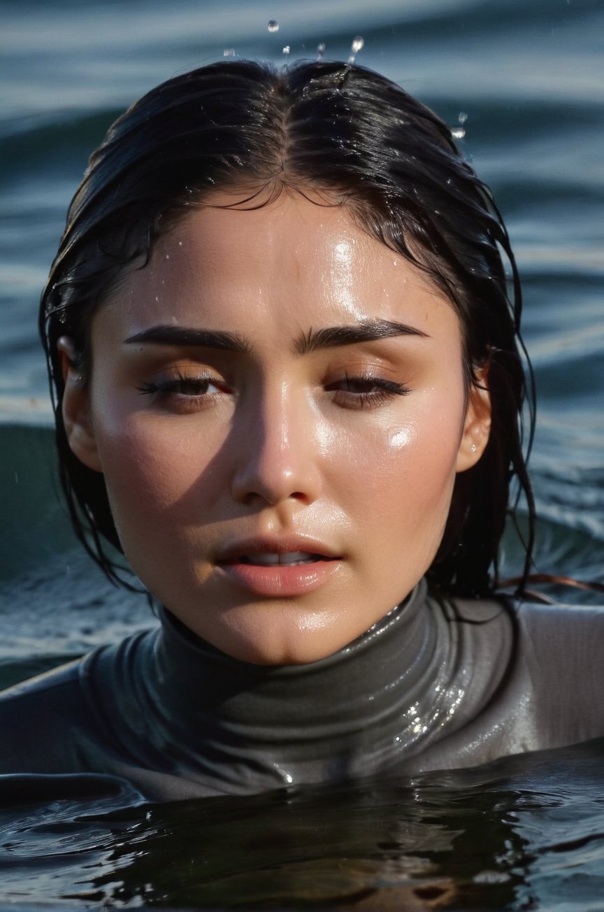 Daniella Pineda,  emerging from the water. Her head and shoulders are visible above the surface of water. She looks scared...