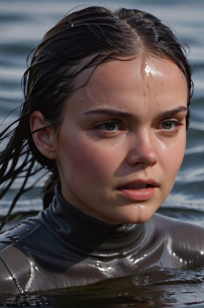 Dafne Keen, emerging from the water. Her head and shoulders are visible above the surface of water. She looks scared and sad, her dark grey turtleneck top wet and clinging to her, with water droplets sparkling around her. She is gasping for air. She is in the middle of a cold ocean and splashes from her emergence, fully drenched, dripping wet, wet hair, face wet, face drenched, hyper realistic