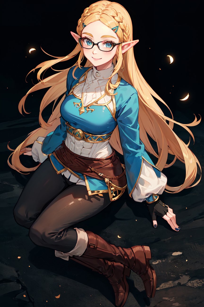 aazelda, super long hair, hair cascading to the waist, square haircut, pointy ears, blue shirt, long sleeves, fingerless gloves, black gloves, black pants, tight pants, blue nails, looking at the camera smile, blushing, black clear-rimmed glasses, high boots, full body picture 