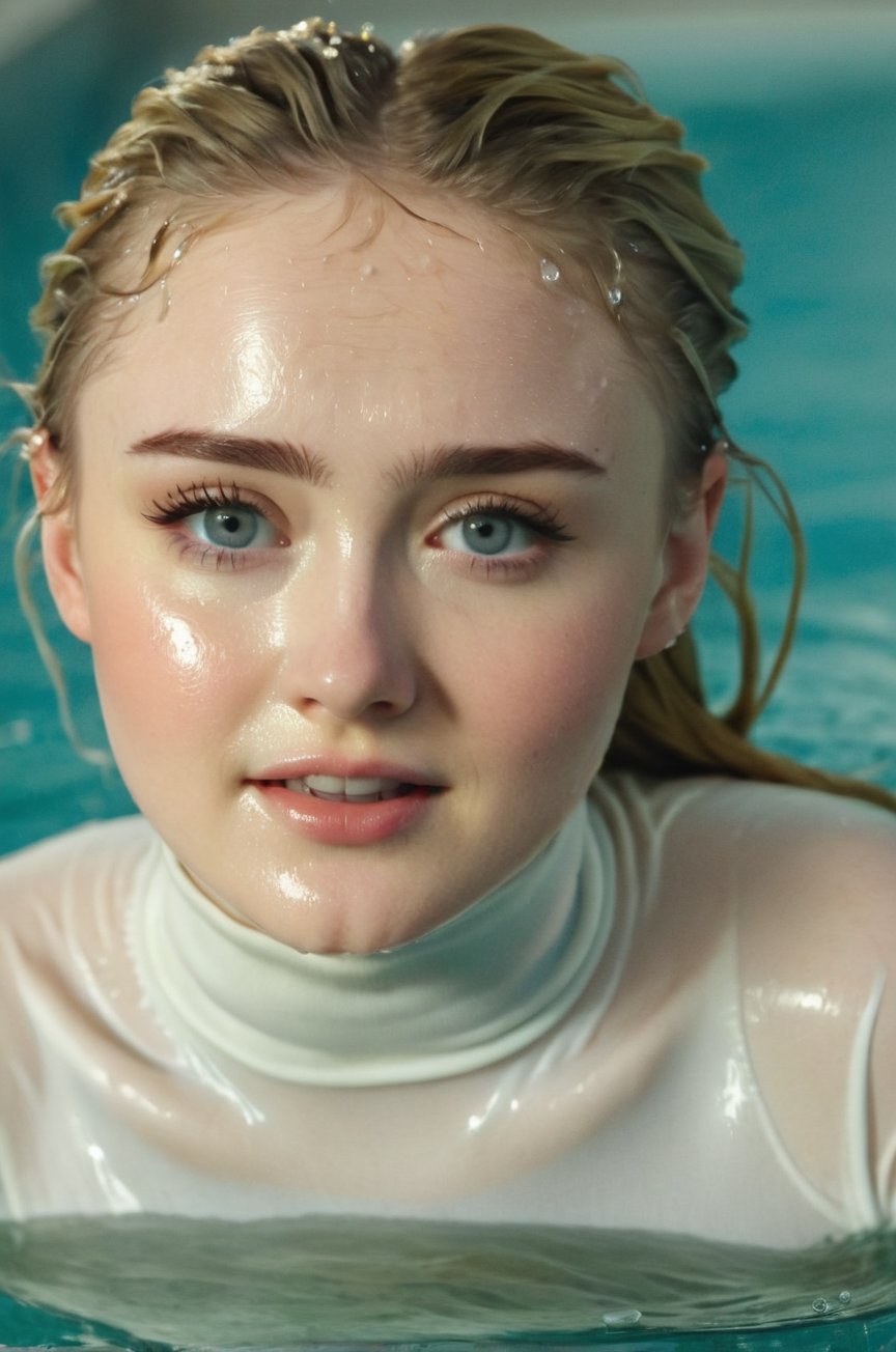 Kathryn Newton, emerging from the water. Her head and shoulders are visible above the surface of water. She looks surprised but smiling, her white turtleneck top wet and clinging to her, with water droplets sparkling around her. She is in the middle of an indoor pool and splashes from her emergence, fully drenched, dripping wet, wet hair, face wet, face drenched, hyper realistic