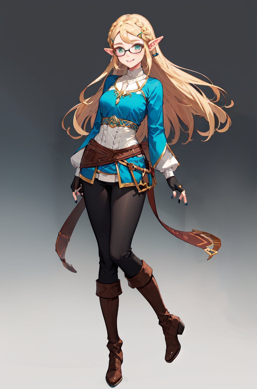 aazelda, super long hair, hair cascading to the waist, pointy ears, blue shirt, long sleeves, fingerless gloves, black gloves, black pants, tight pants, blue nails, looking at the camera smile, blushing, black clear-rimmed glasses, high boots boots, full body picture 