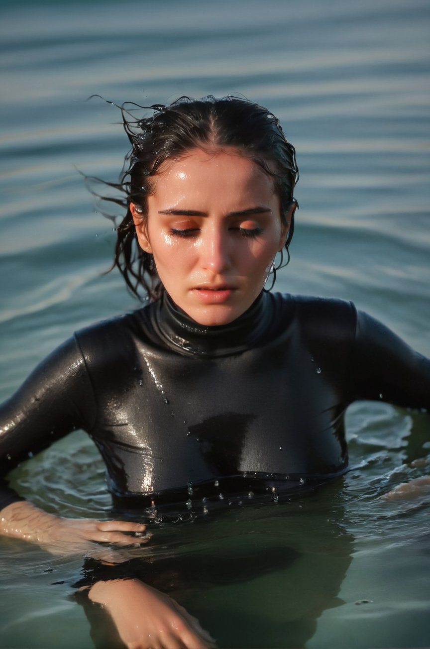 Morrocan woman,  25 yo,  emerging from the water. Her head and shoulders are visible above the surface of a pool. She look...