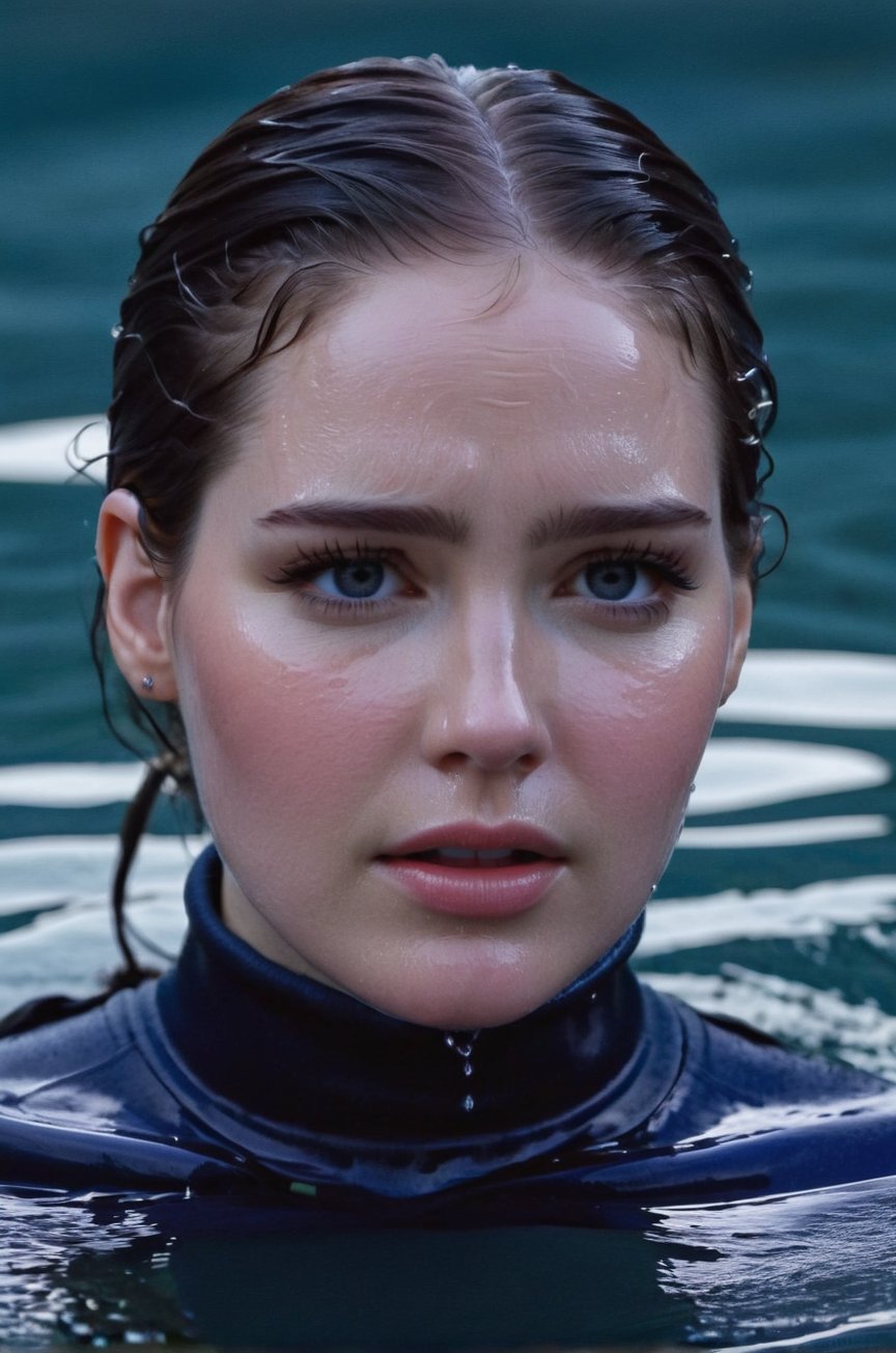 Elizabeth Lail,  emerging from the water. Her head and shoulders are visible above the surface of water. She looks scared...