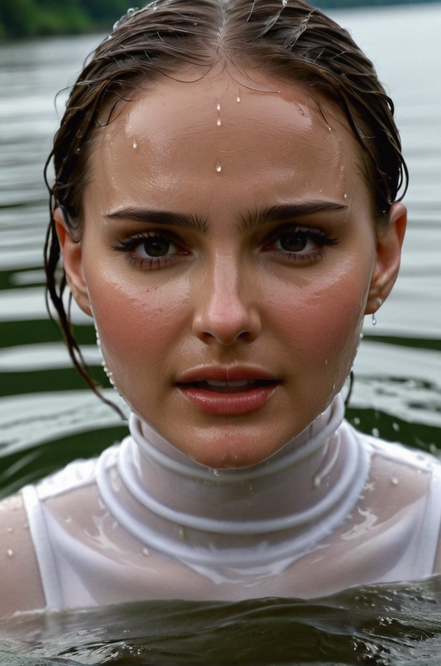 Natalie Portman,  emerging from the water. Her head and shoulders are visible above the surface of water. She looks scared...