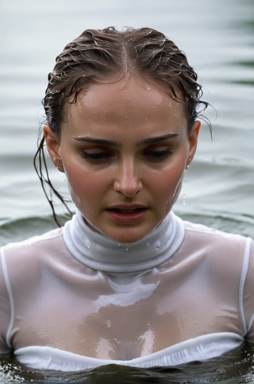 Natalie Portman,  emerging from the water. Her head and shoulders are visible above the surface of water. She looks scared...