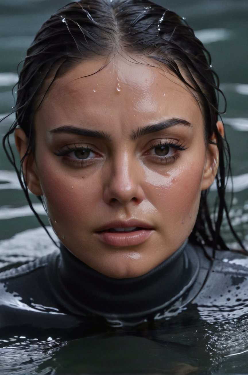 Mila Kunis, emerging from the water. Her head and shoulders are visible above the surface of water. She looks scared and sad, her dark dark grey turtleneck top wet and clinging to her, with water droplets sparkling around her. She is gasping for air. She is in the middle of a cold ocean and splashes from her emergence, fully drenched, dripping wet, wet hair, face wet, face drenched, hyper realistic