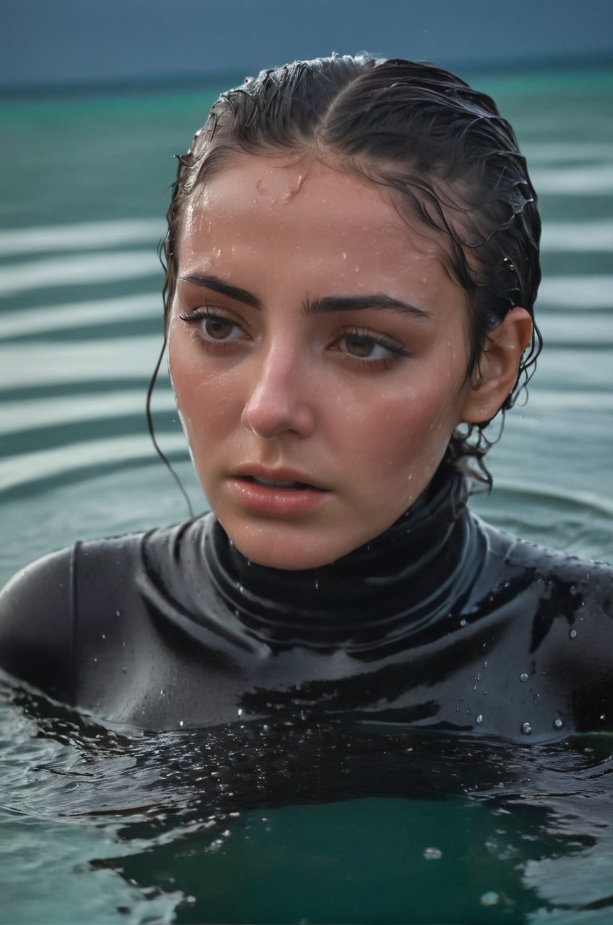 Morrocan woman,  25 yo,  emerging from the water. Her head and shoulders are visible above the surface of a pool. She look...