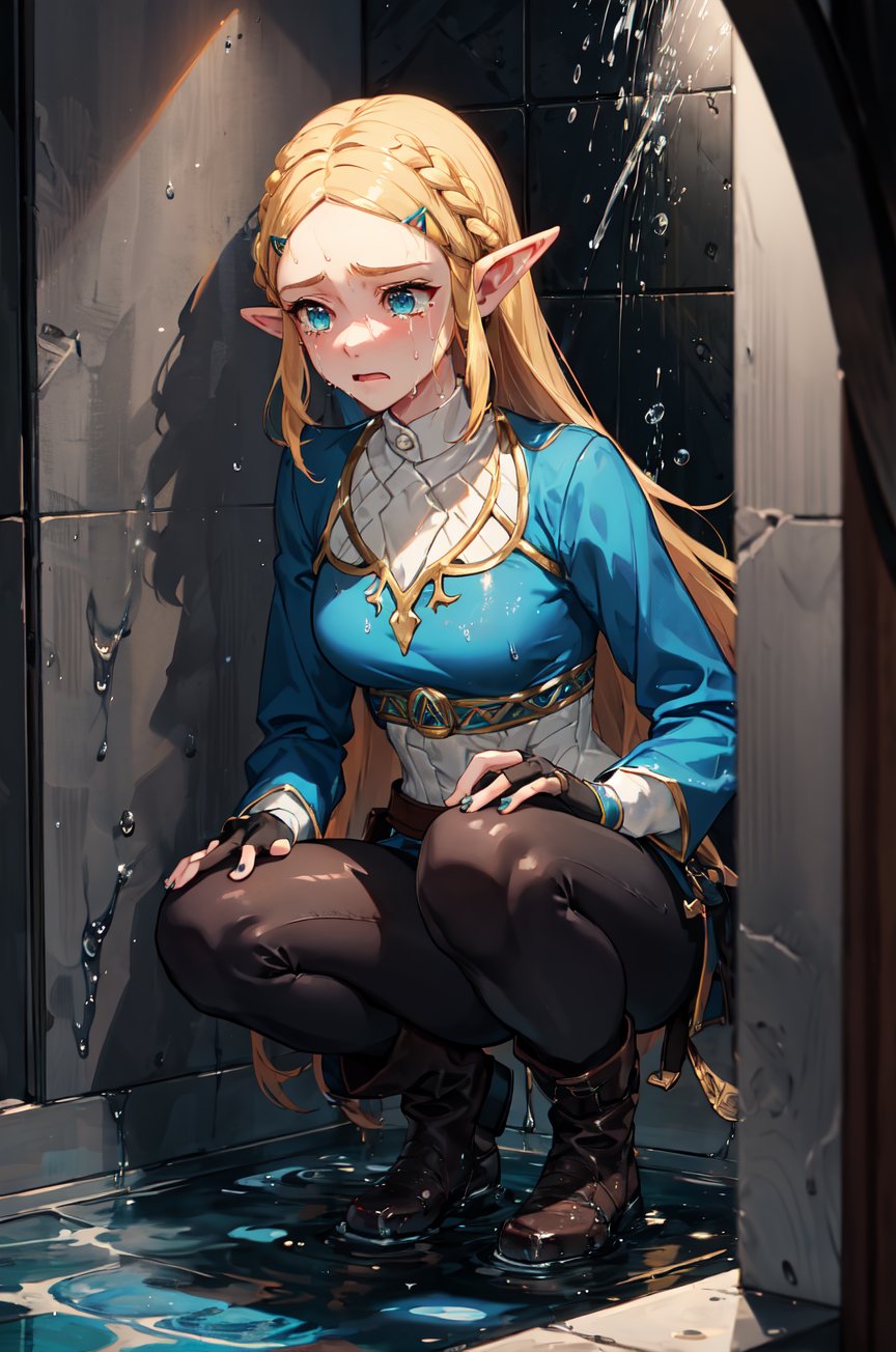 aazelda, super long hair, hair down to the thighs, pointy ears, blue shirt, long sleeves, fingerless gloves, black gloves, black pants, tight pants, completely soaked wet, soakingwetclothes, dripping wet, wet hair, sad facial expression, blue nail, crying, under shower, high boots 