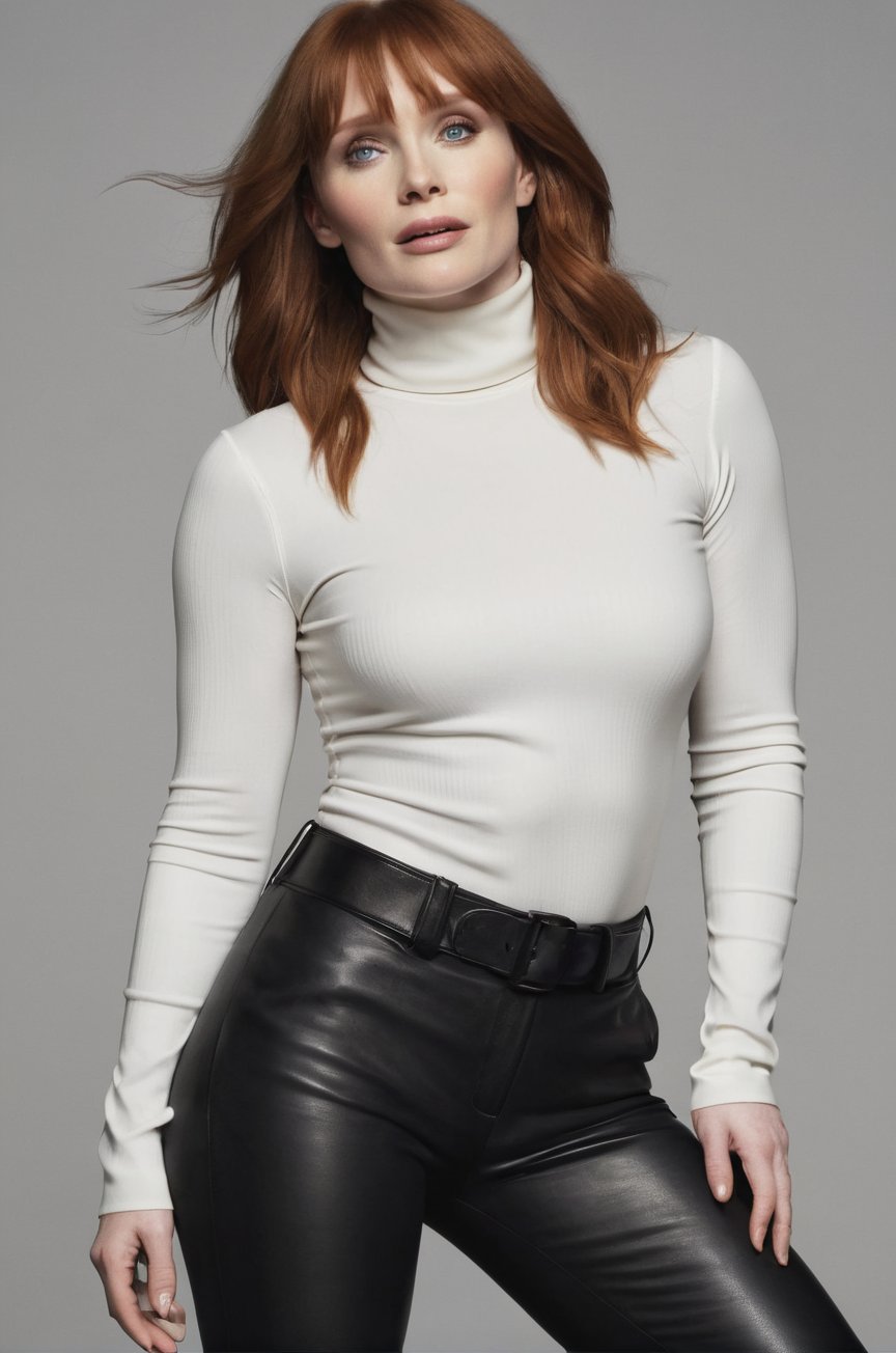 Bryce Dallas Howard,  posing for a photoshooting,  wearing a white ribbed turtleneck long sleeve tight top and a black lea...