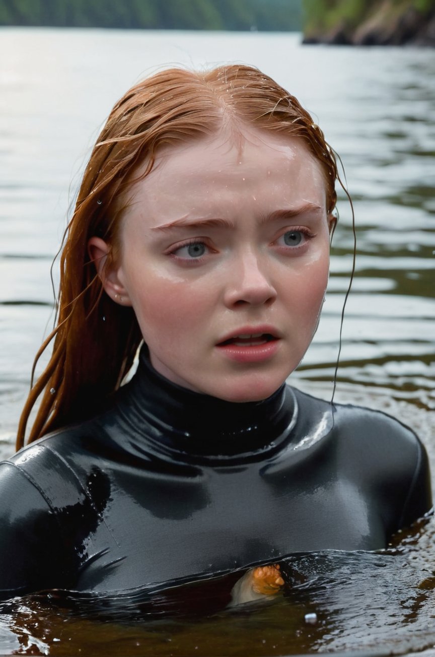 Sadie Sink,  emerging from the water. Her head and shoulders are visible above the surface of water. She looks scared and...