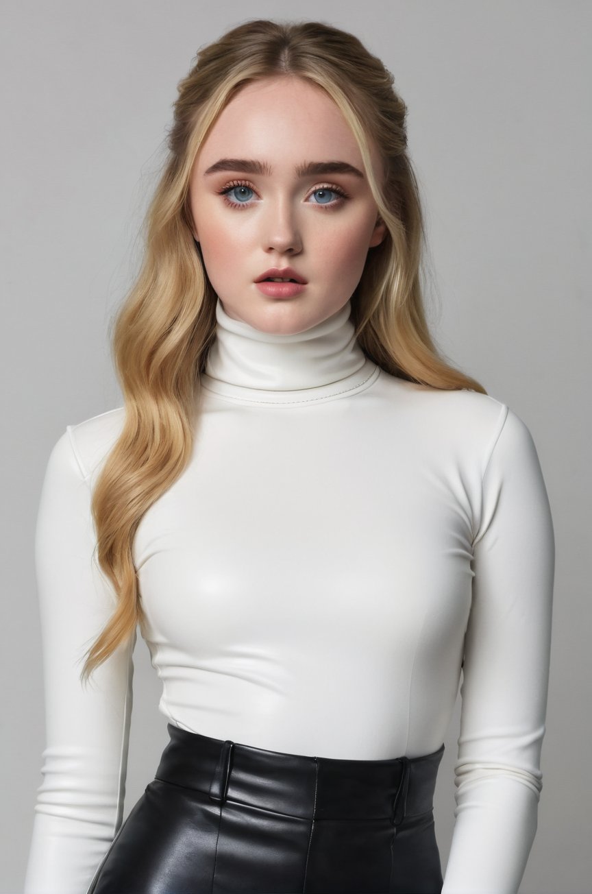 Kathryn Newton,  posing for a photoshooting,  wearing a white turtleneck long sleeve tight top and a black leather pants b...