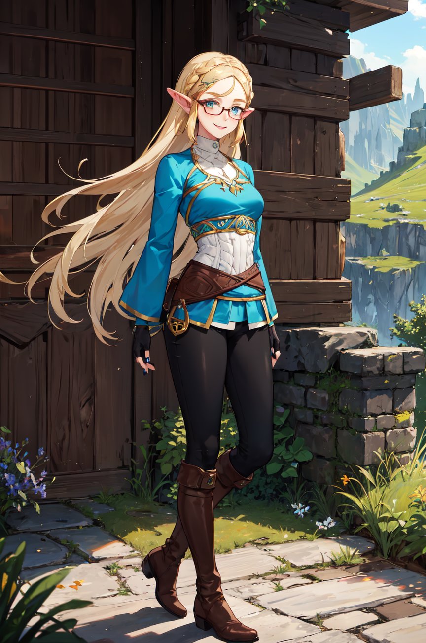 aazelda, super long hair, hair cascading to the thighs, square haircut, pointy ears, blue shirt, long sleeves, fingerless gloves, black gloves, black pants, tight pants, blue nails, looking at the camera smile, blushing, black clear-rimmed glasses, high boots, full body picture 