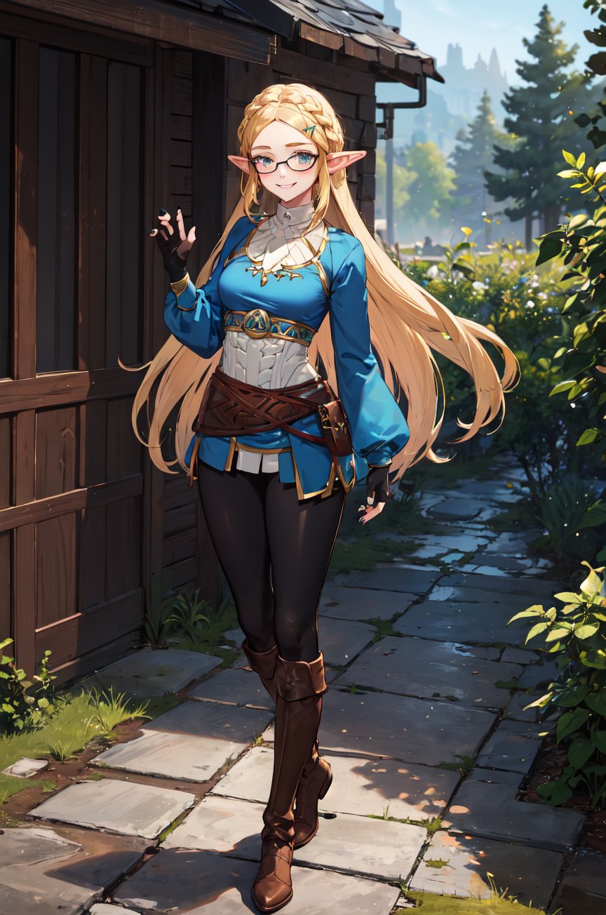 aazelda, super long hair, hair cascading to the thighs, square haircut, pointy ears, blue shirt, long sleeves, fingerless gloves, black gloves, black pants, tight pants, blue nails, looking at the camera smile, blushing, black clear-rimmed glasses, high boots, full body picture 