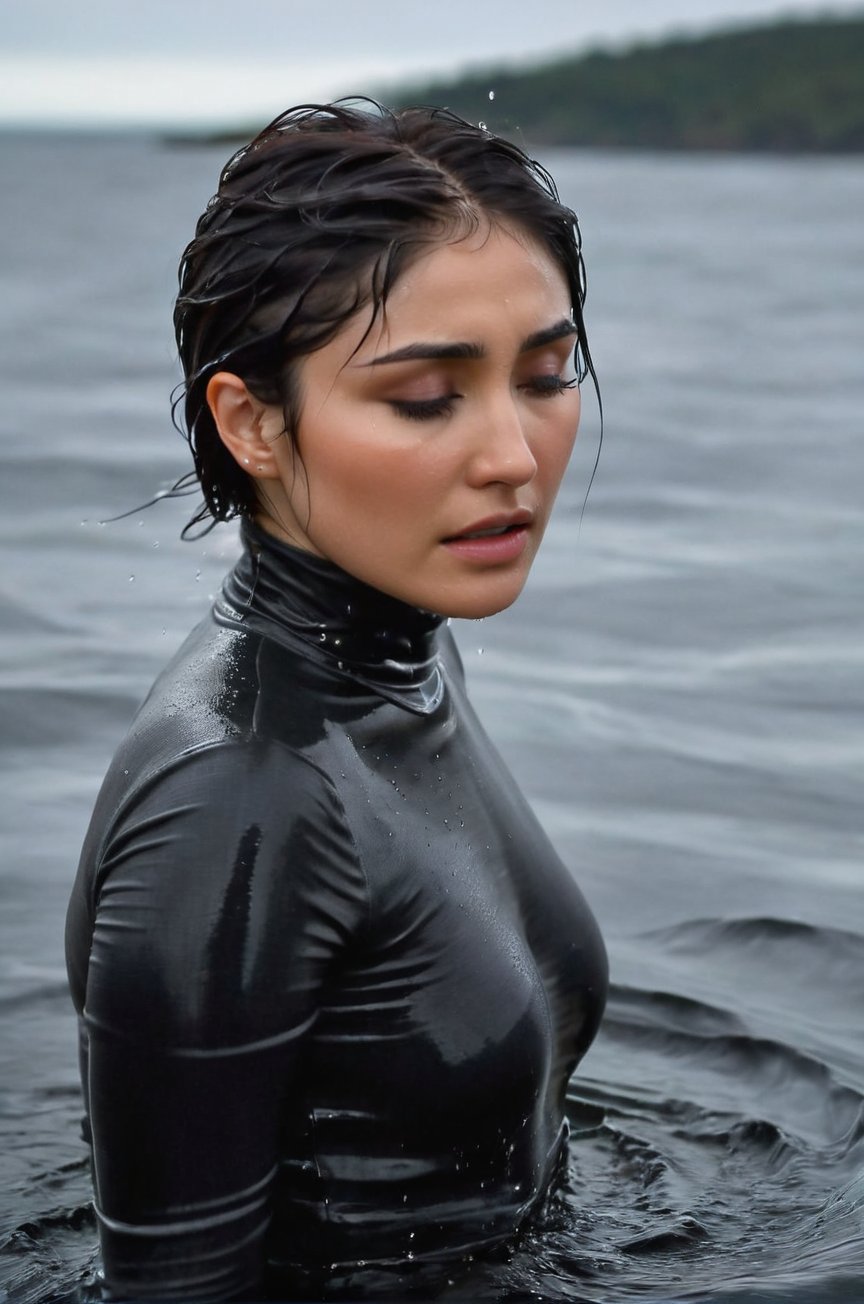 Daniella Pineda,  emerging from the water. Her head and shoulders are visible above the surface of water. She looks scared...