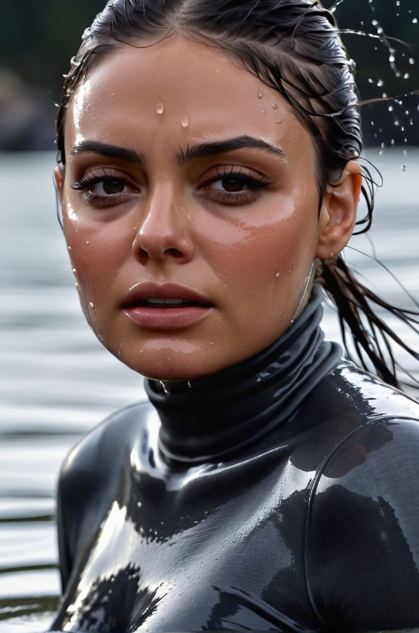 Mila Kunis, emerging from the water. Her head and shoulders are visible above the surface of water. She looks scared and sad, her dark dark grey turtleneck top wet and clinging to her, with water droplets sparkling around her. She is gasping for air. She is in the middle of a cold ocean and splashes from her emergence, fully drenched, dripping wet, wet hair, face wet, face drenched, hyper realistic