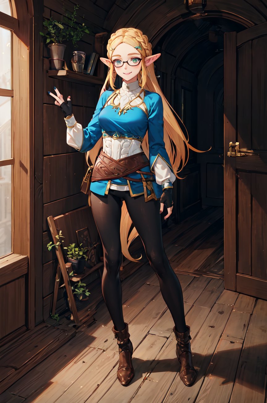 aazelda, super long hair, hair cascading to the waist, pointy ears, blue shirt, long sleeves, fingerless gloves, black gloves, black pants, tight pants, blue nails, looking at the camera smile, blushing, black clear-rimmed glasses, mid-calf boots, full body picture 