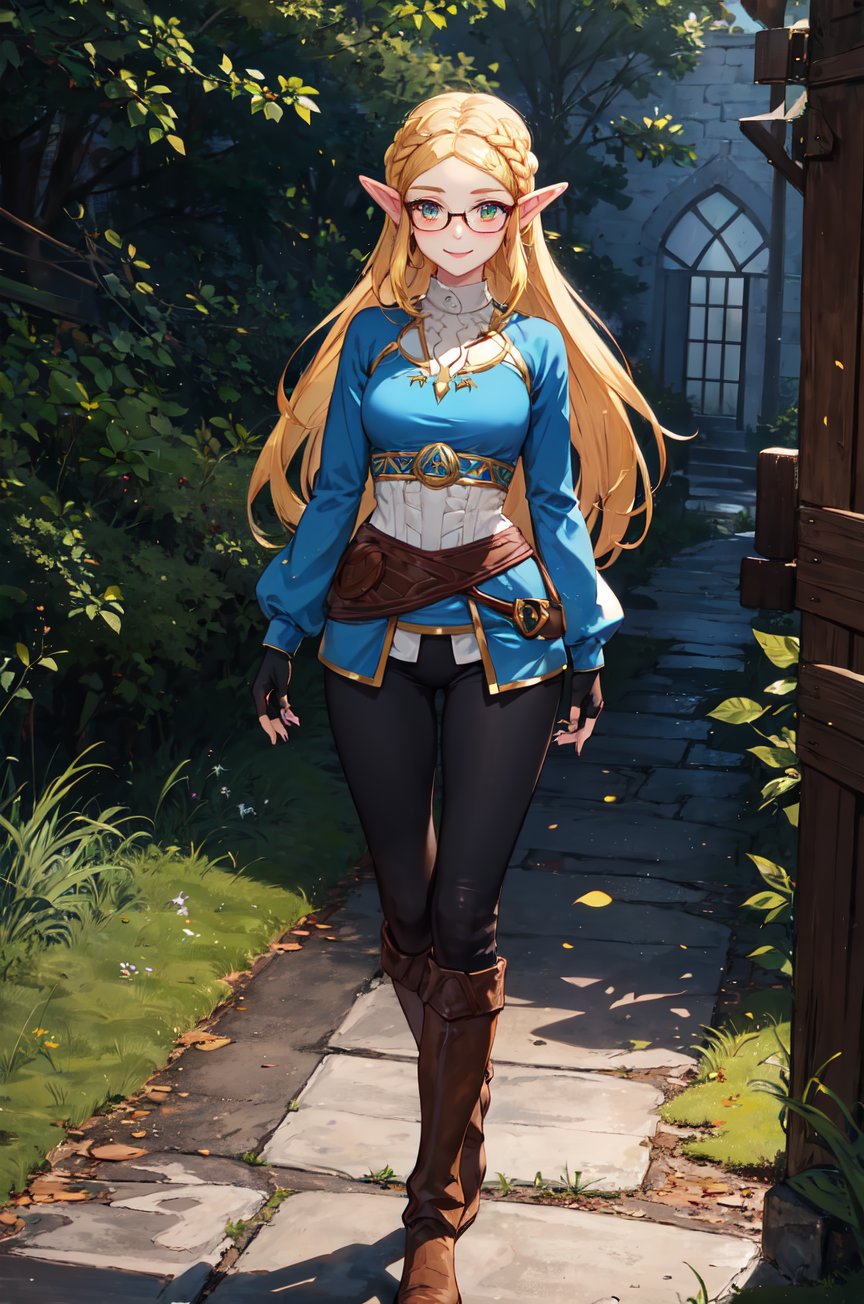 aazelda, super long hair, hair cascading to the waist, pointy ears, blue shirt, long sleeves, fingerless gloves, black gloves, black pants, tight pants, blue nails, looking at the camera smile, blushing, black clear-rimmed glasses, high boots, full body picture 