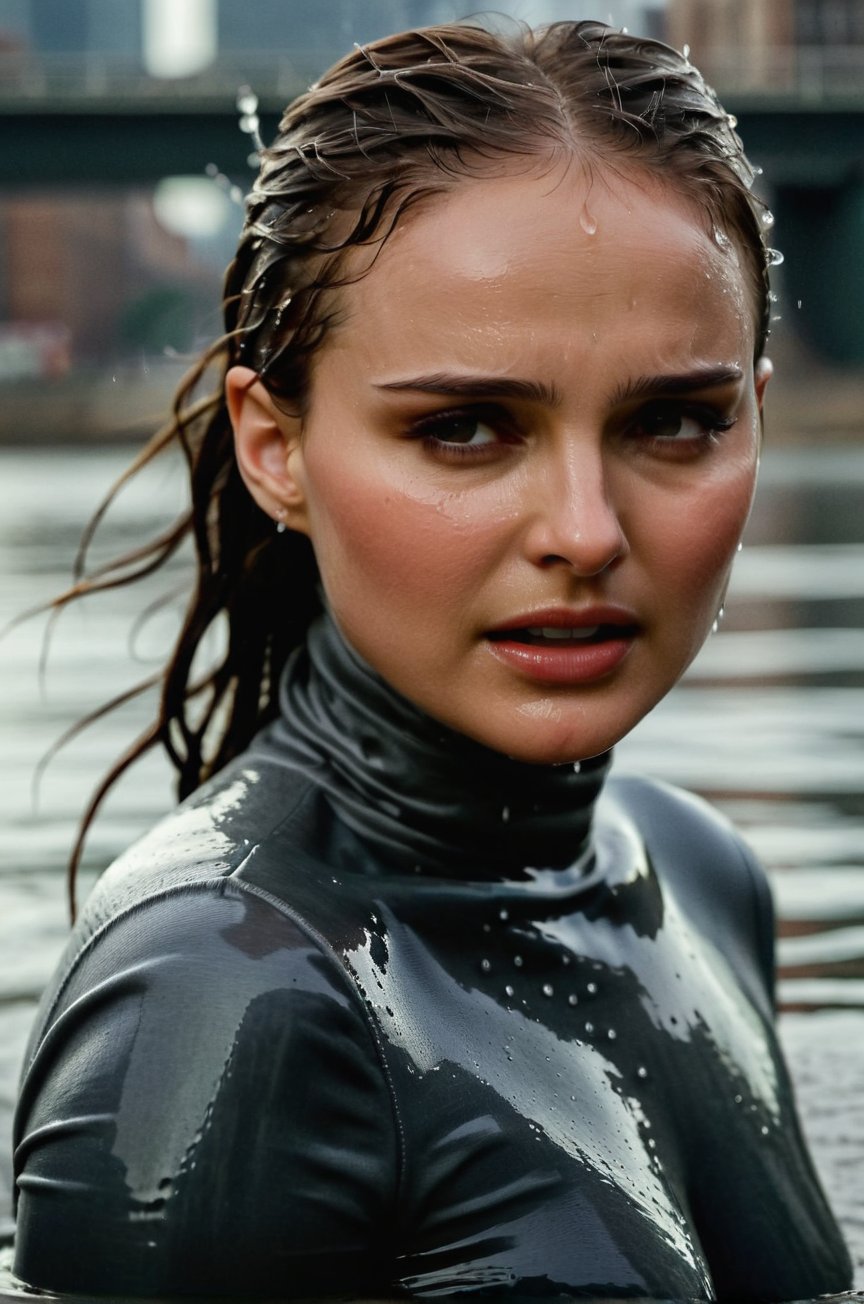 Natalie Portman,  emerging from the water. Her head and shoulders are visible above the surface of water. She looks scared...