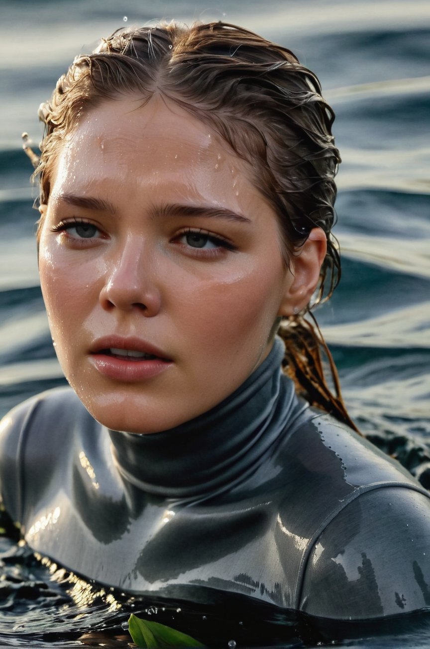 Léa Seydoux,  emerging from the water. Her head and shoulders are visible above the surface of water. She looks scared and...