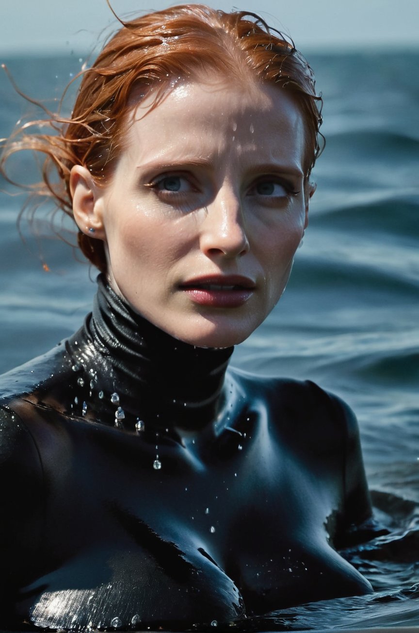 Jessica Chastain,  emerging from the water. Her head and shoulders are visible above the surface of water. She looks scare...