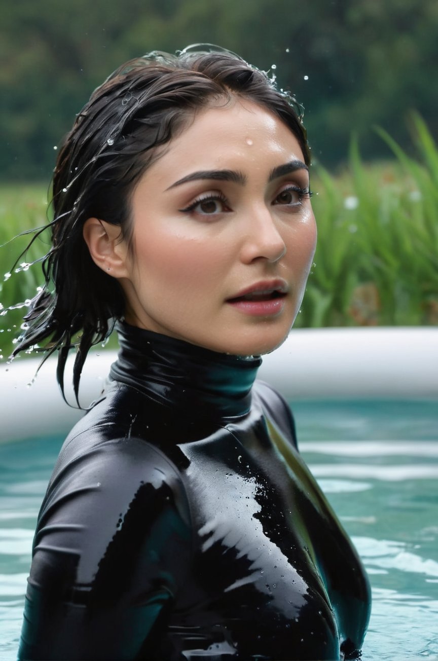 Daniella Pineda,  emerging from the water. Her head and shoulders are visible above the surface of a pool. She looks surpr...