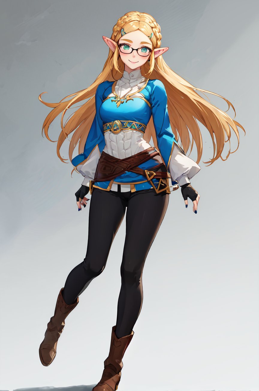 aazelda, super long hair, hair cascading to the thighs, square haircut, pointy ears, blue shirt, long sleeves, fingerless gloves, black gloves, black pants, tight pants, blue nails, looking at the camera smile, blushing, black clear-rimmed glasses, high boots, full body picture 