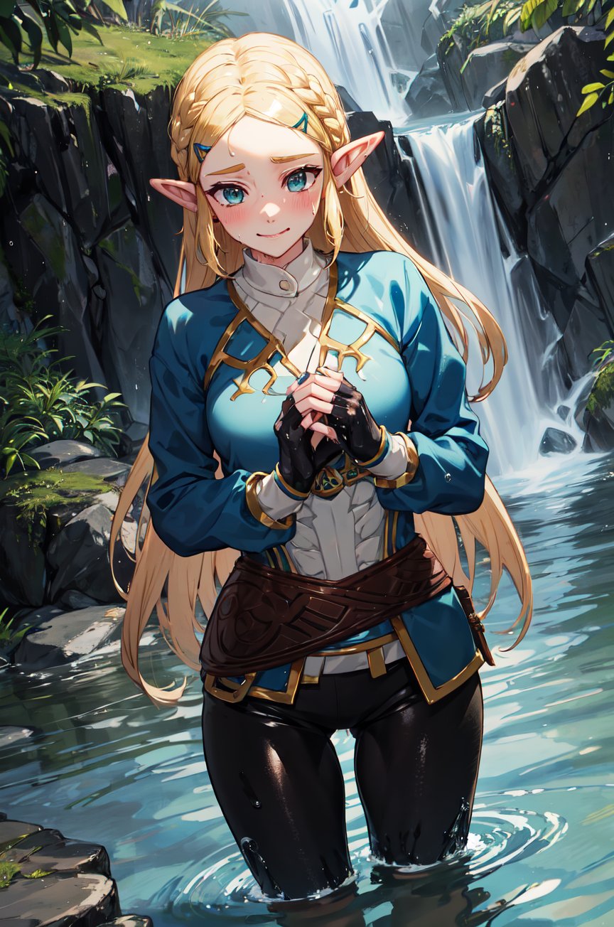 aazelda, very long hair, pointy ears, blue shirt, long sleeves, fingerless gloves, black gloves, black pants, tight pants, completely soaked wet, soakingwetclothes, dripping wet, wet hair, embarrassed facial expression, blue nails, swimming, looking at the camera, embarassed smile, blushing, playing with hair