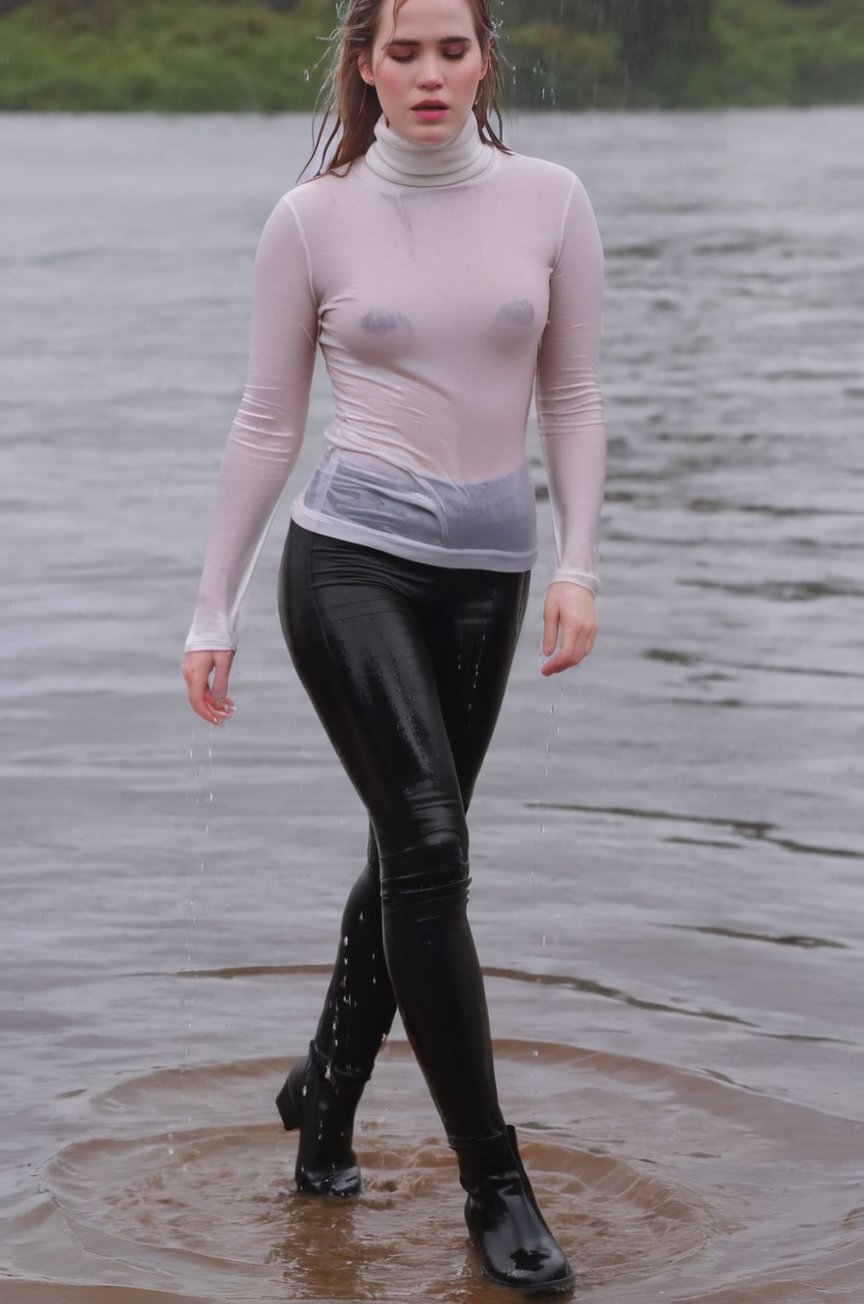 Elizabeth Lail,  under outdoor rain,  full body soaked by PAhyacintheDraw on Tensor.Art