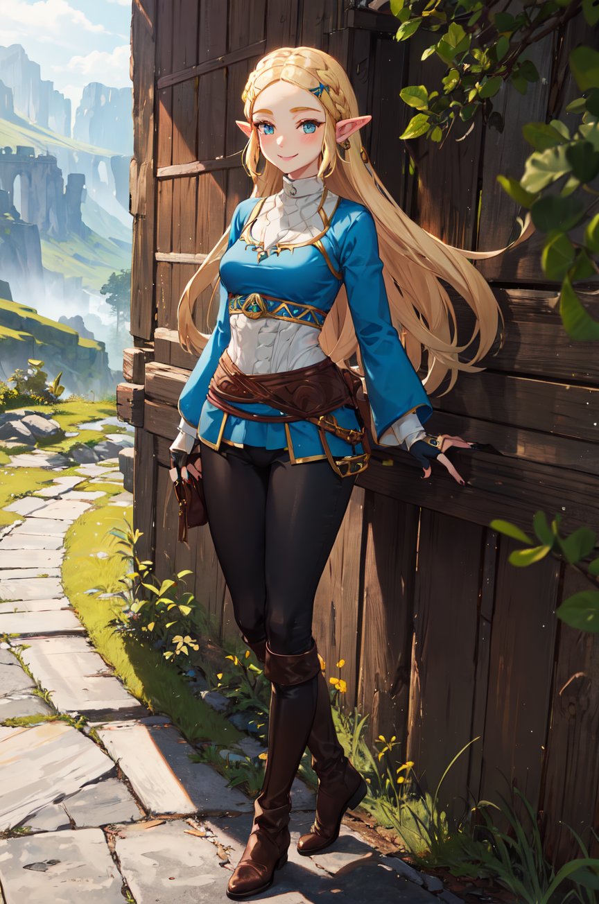 aazelda, super long hair, hair cascading to the waist, pointy ears, blue shirt, long sleeves, fingerless gloves, black gloves, black pants, tight pants, blue nails, looking at the camera smile, blushing, mid-calf boots, full body picture 