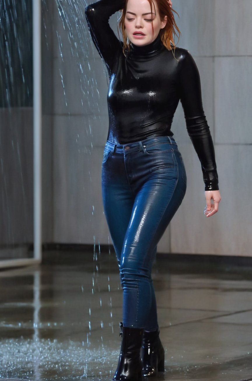 Emma Stone, under outdoor rain, in the street, full body soaked, wearing a black turtleneck long sleeve top and a blue jeans, black high leather boots, fully drenched, dripping wet, wet hair, face wet, face drenched, worried facial expression, soaked clothes, fully body soaked