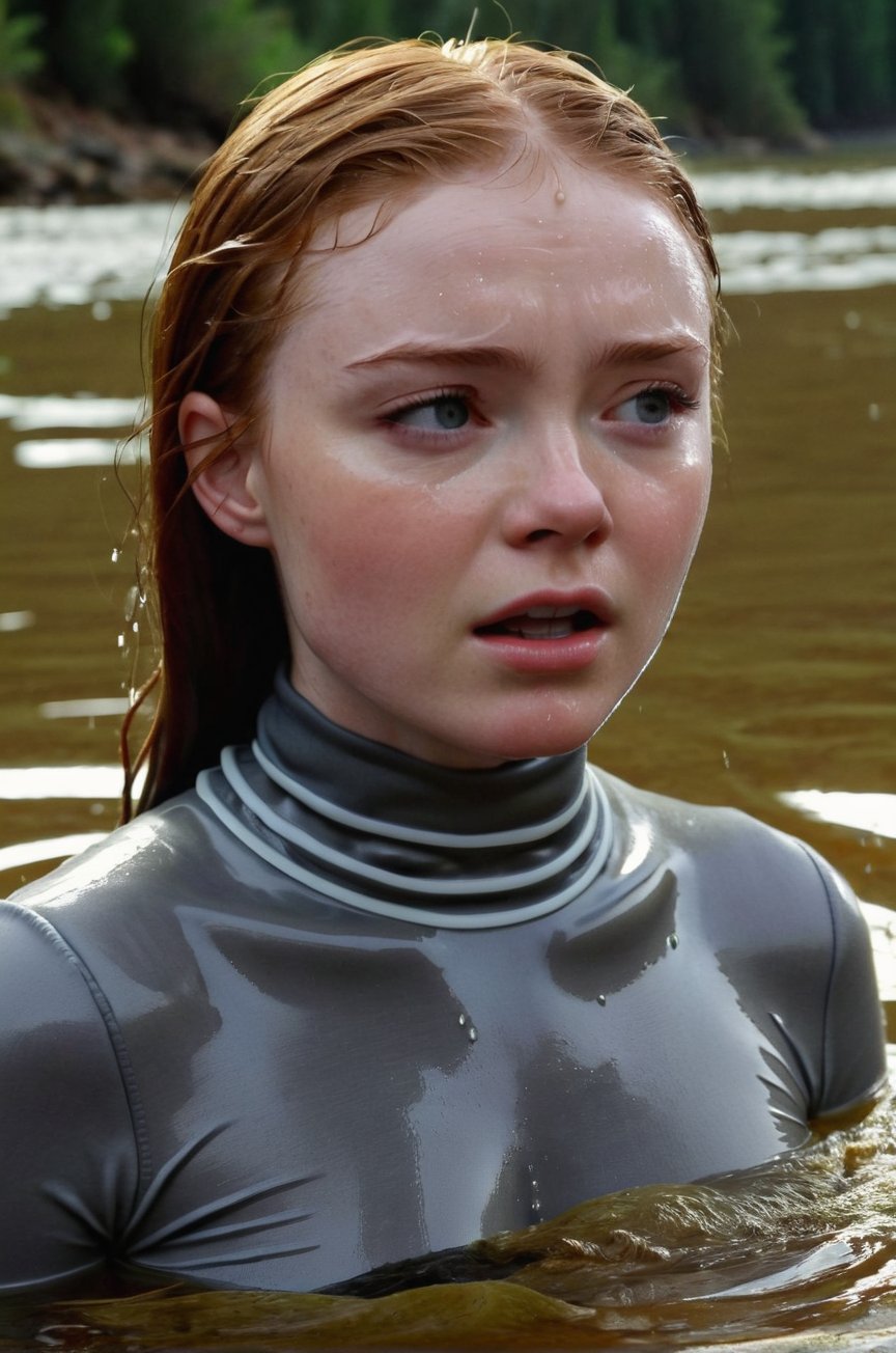 Sadie Sink,  emerging from the water. Her head and shoulders are visible above the surface of water. She looks scared and...