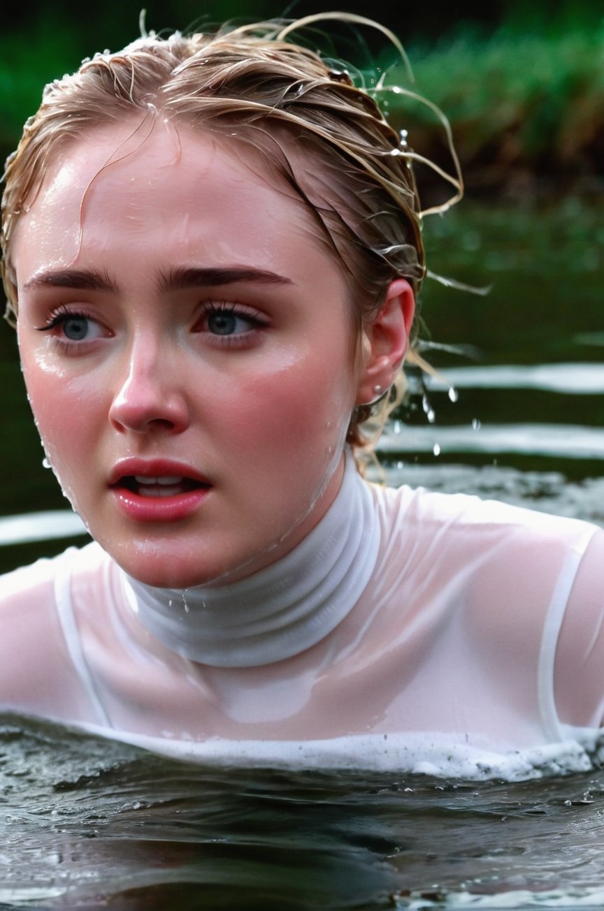 Kathryn Newton,  emerging from the water. Her head and shoulders are visible above the surface of water. She looks scared...