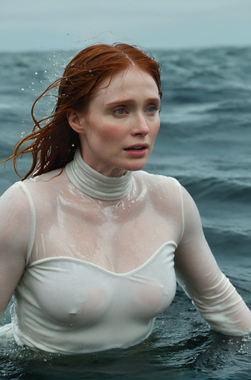 Bryce Dallas Howard,  emerging from the water. Her head and shoulders are visible above the surface of water. She looks sc...