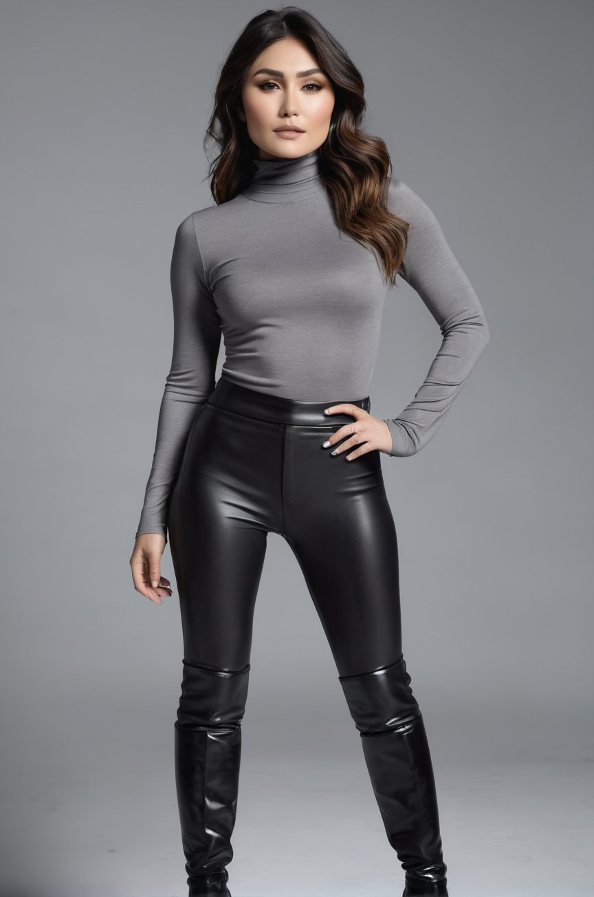 Daniella Pineda,  posing for a photoshooting,  wearing a grey turtleneck long sleeve tight top and a black leather legging...